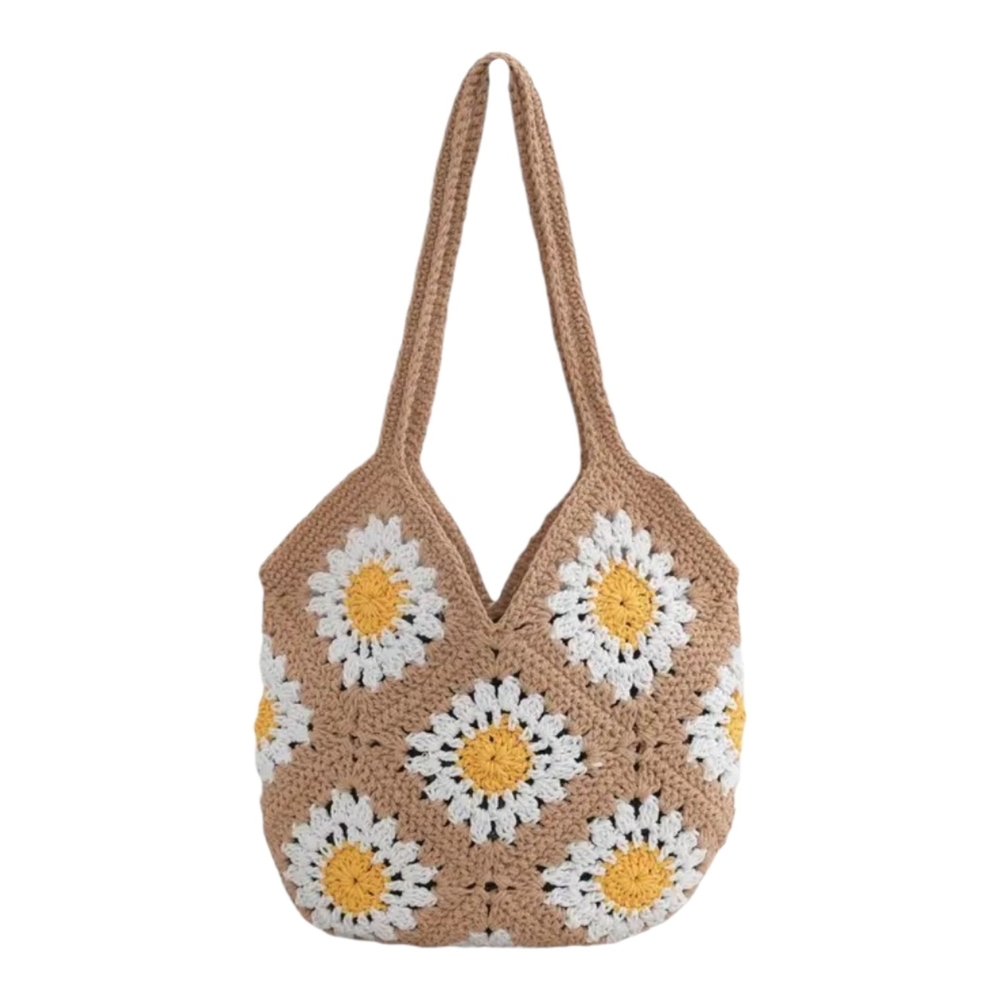 Hand Crafted Crochet Daisy Tote in Tan, White & Yellow